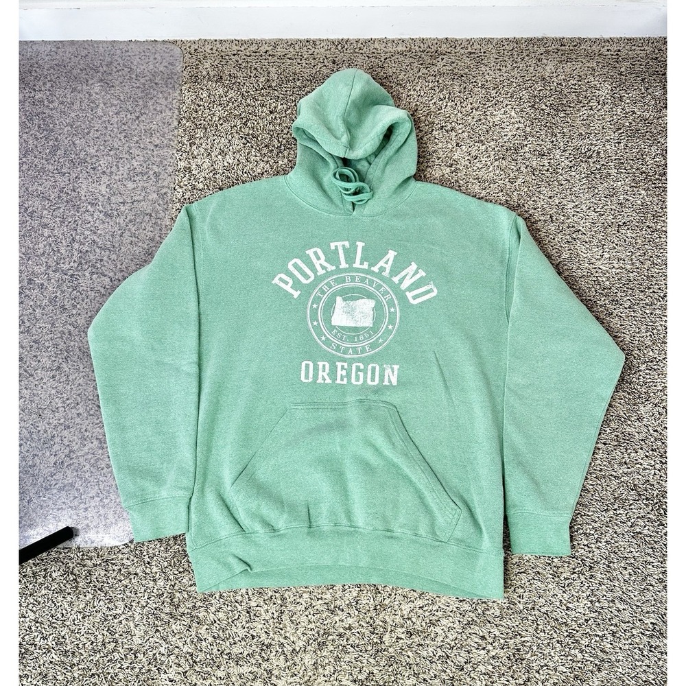 Portland Oregon The Beaver State Hoodie Size Large Green Pullover Sweatshirt